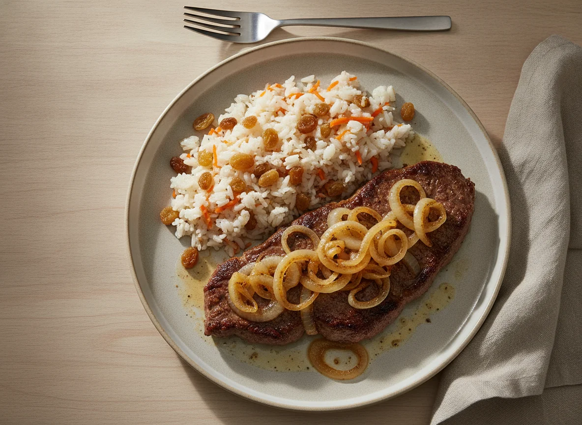 Bife acebolado com arroz à grega photo