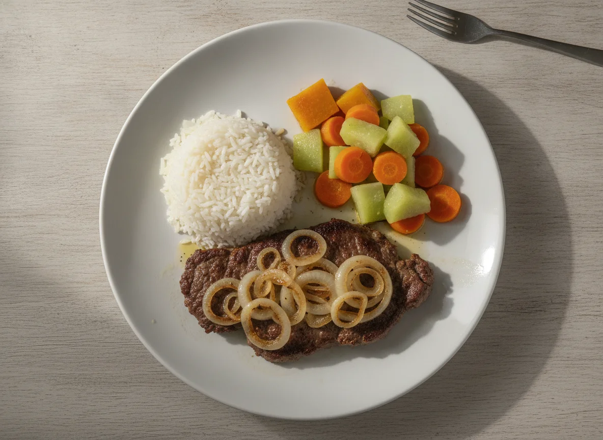 Bife acebolado com arroz, abóbora e legumes photo