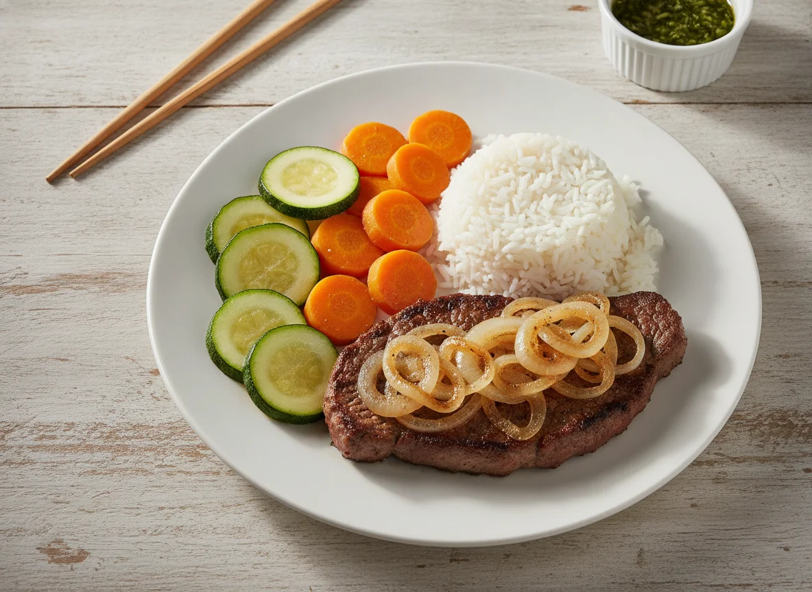 Bife acebolado com arroz, abobrinha e cenoura photo