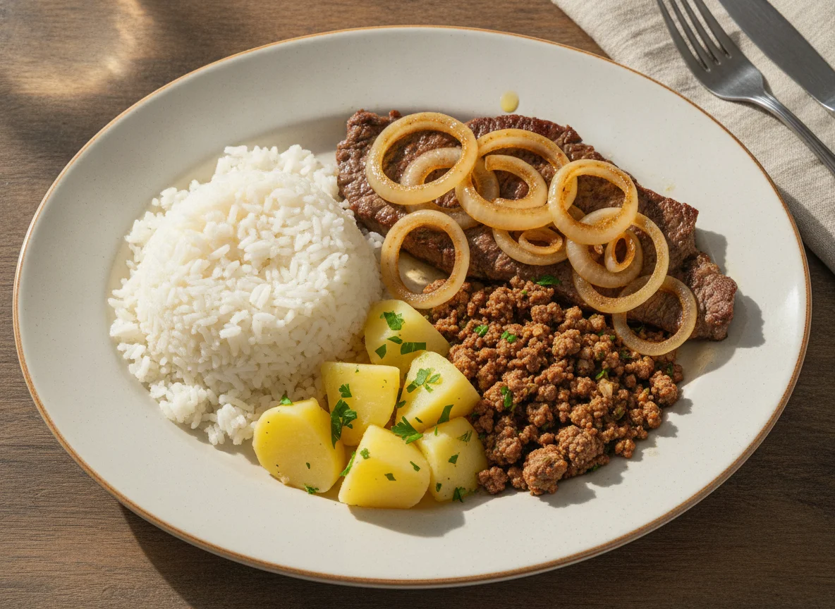Bife acebolado com arroz, batata e carne moída photo