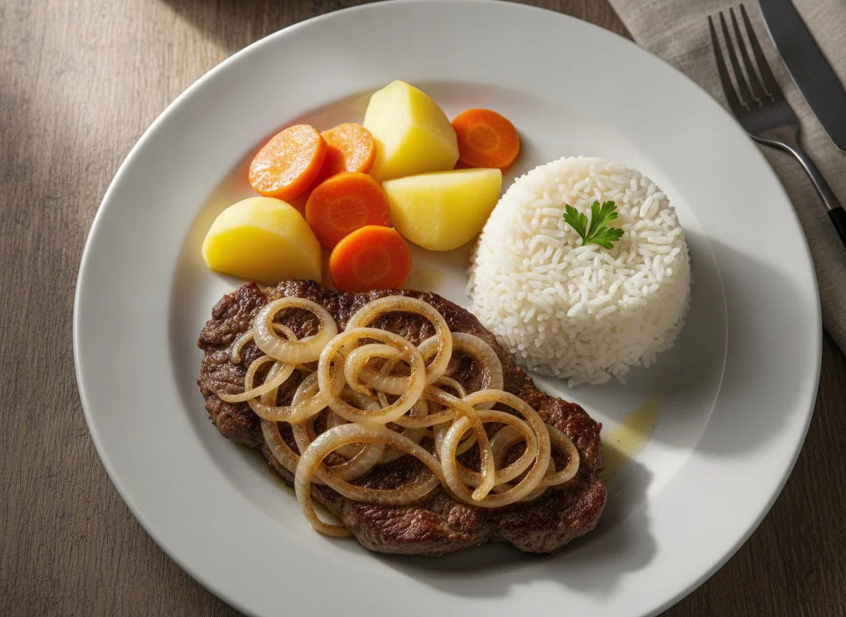 Bife acebolado com arroz, batata e cenoura photo