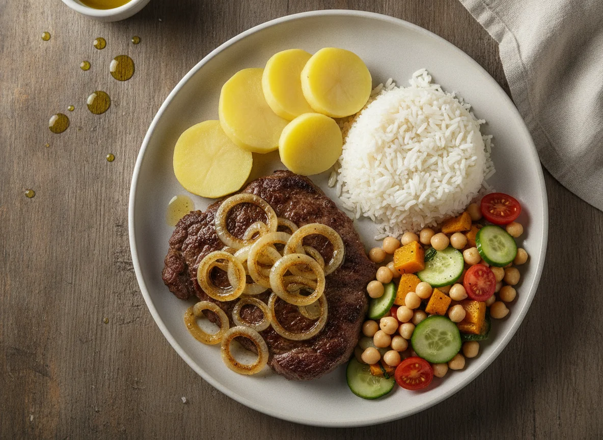 Bife acebolado com arroz, batata e salada de grão-de-bico photo