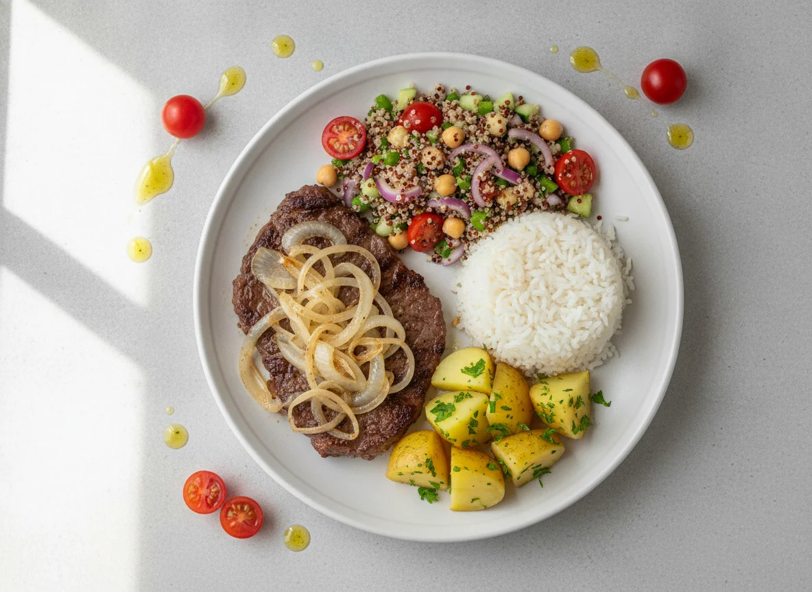Bife acebolado com arroz, batata e salada de quinoa photo