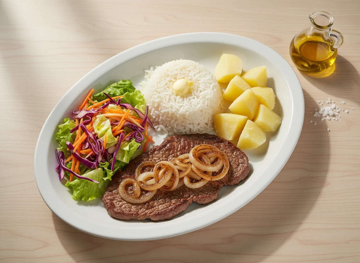 Bife acebolado com arroz, batata e salada mista photo