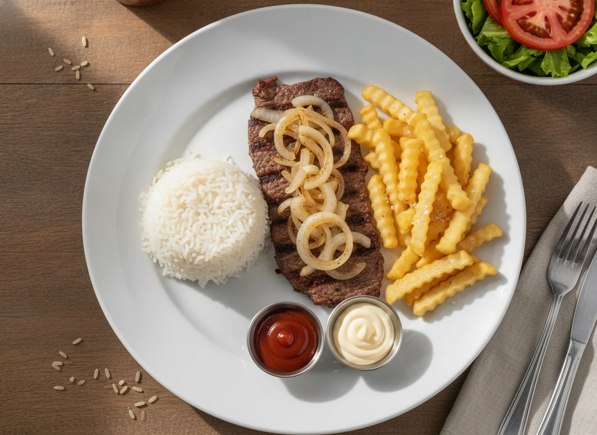 Bife acebolado com arroz, batata frita e salada photo