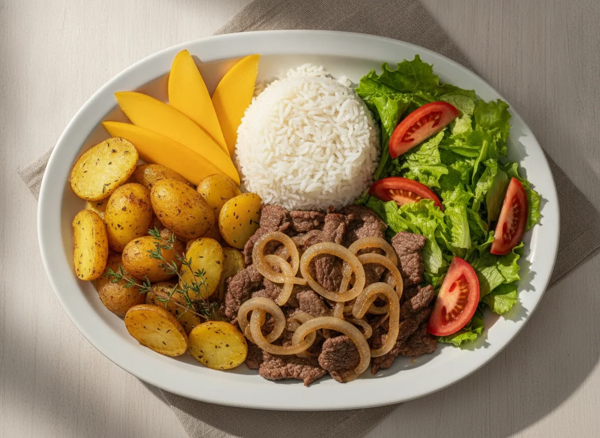 Bife acebolado com arroz, batatas, manga e salada photo