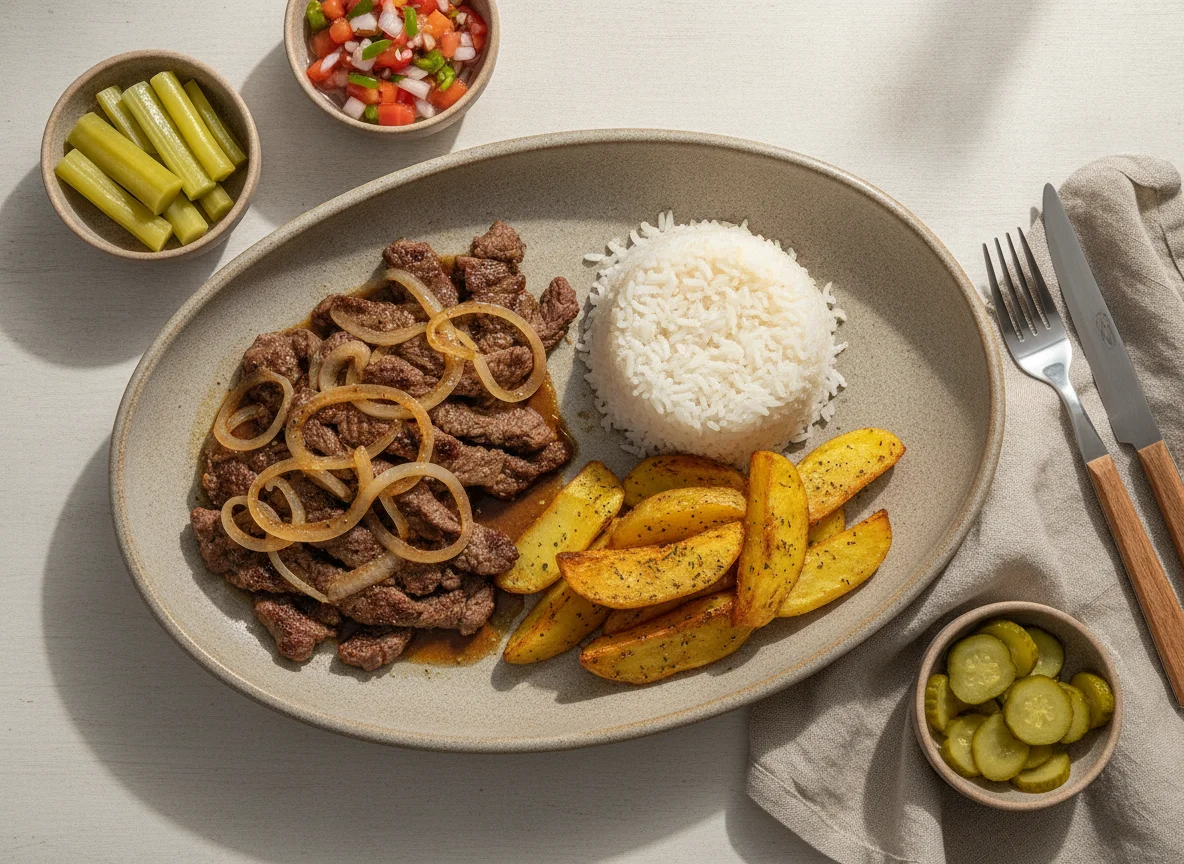 Bife acebolado com arroz, batatas rústicas e acompanhamentos photo