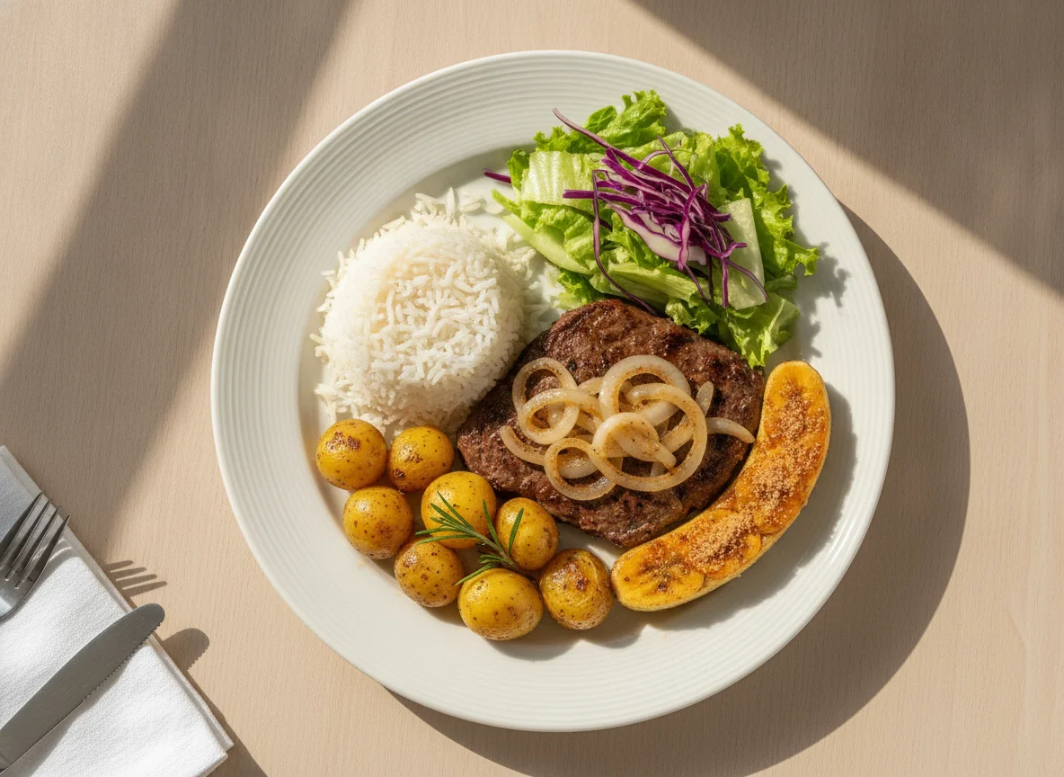 Bife acebolado com arroz, batatas, salada e banana photo