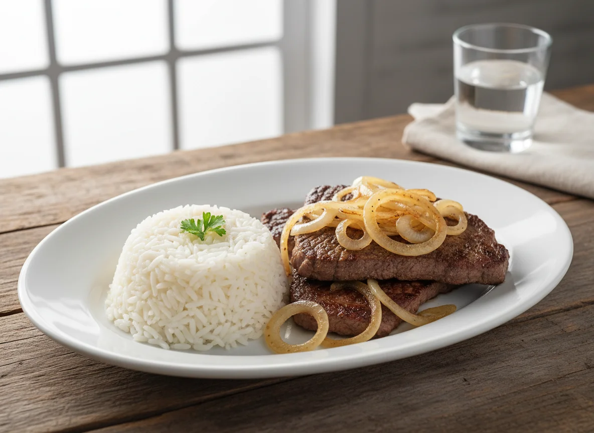 Bife acebolado com arroz branco photo