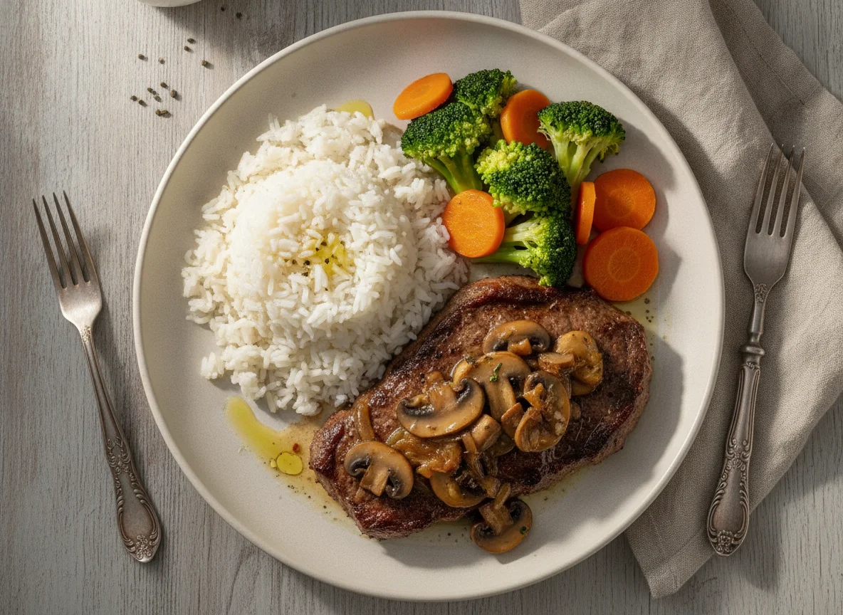 Bife acebolado com arroz, brócolis e cenoura photo