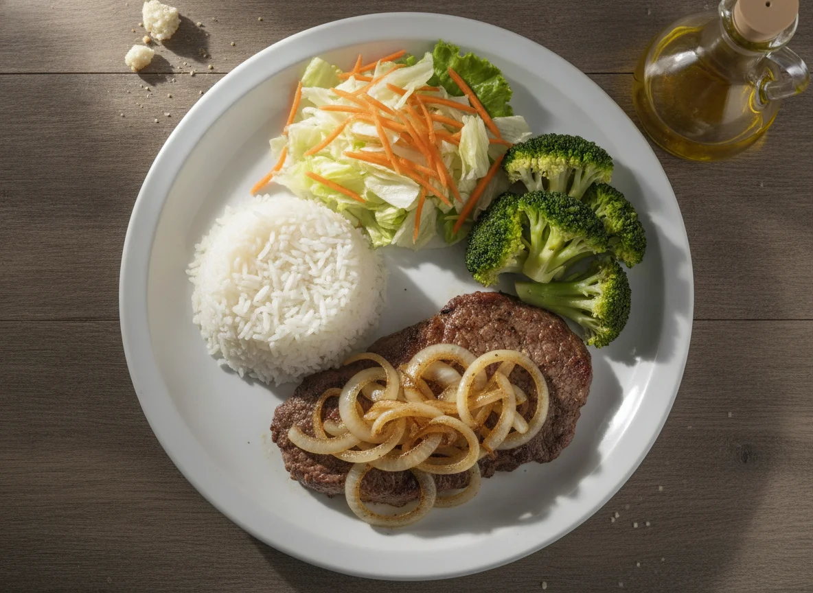 Bife acebolado com arroz, brócolis e salada photo