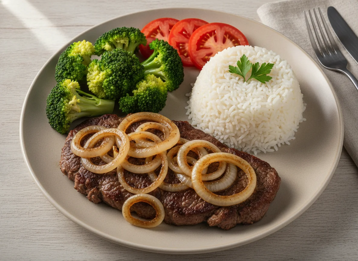 Bife acebolado com arroz, brócolis e tomate photo