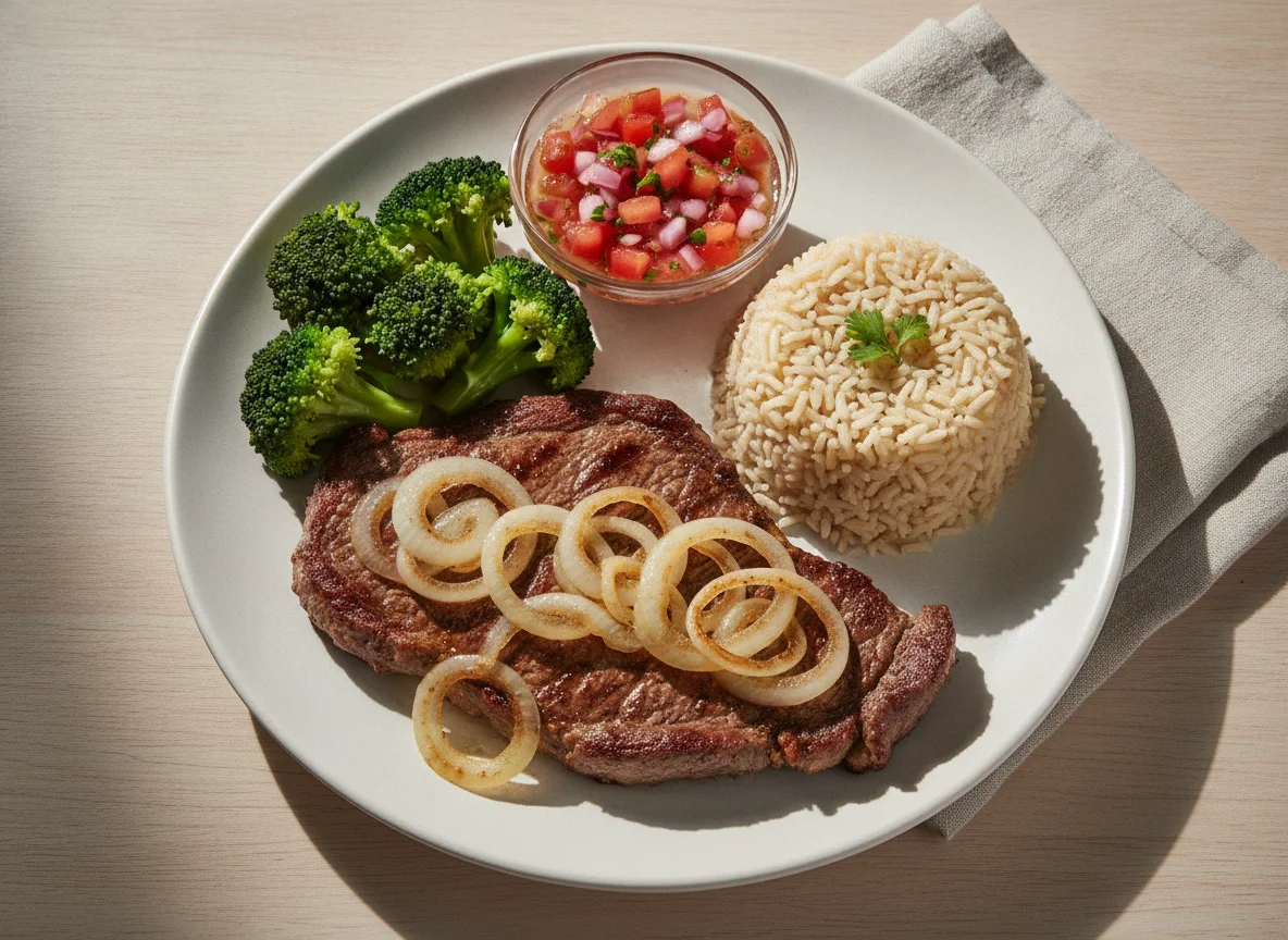 Bife acebolado com arroz, brócolis e vinagrete photo