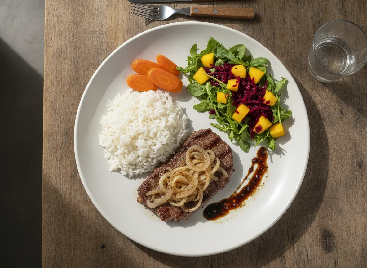 Bife acebolado com arroz, cenoura e salada tropical photo