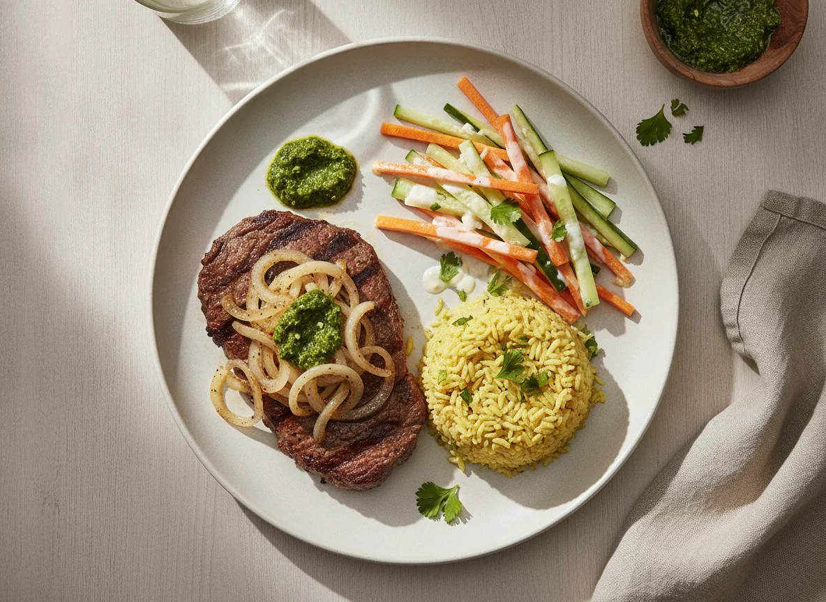 Bife acebolado com arroz de açafrão e legumes photo