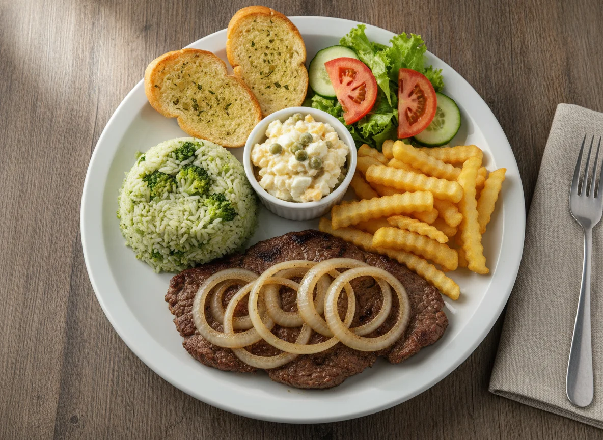 Bife acebolado com arroz de brócolis, batata frita e salada photo