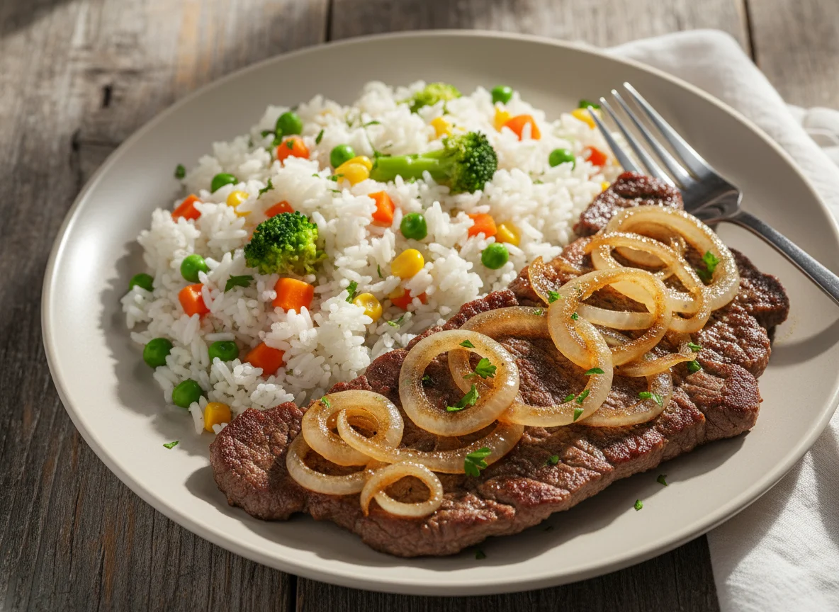 Bife Acebolado com Arroz de Legumes photo