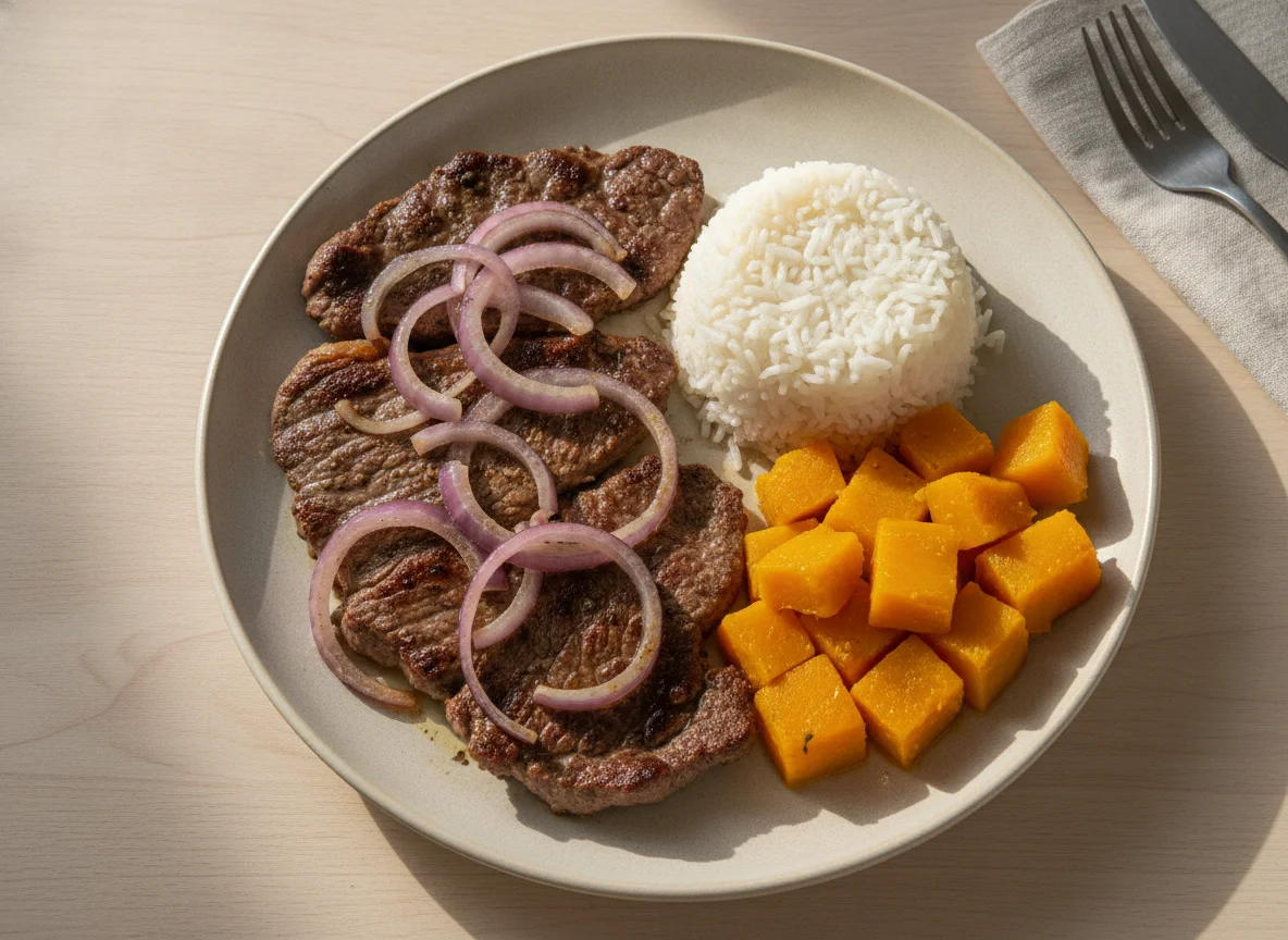 Bife acebolado com arroz e abóbora photo