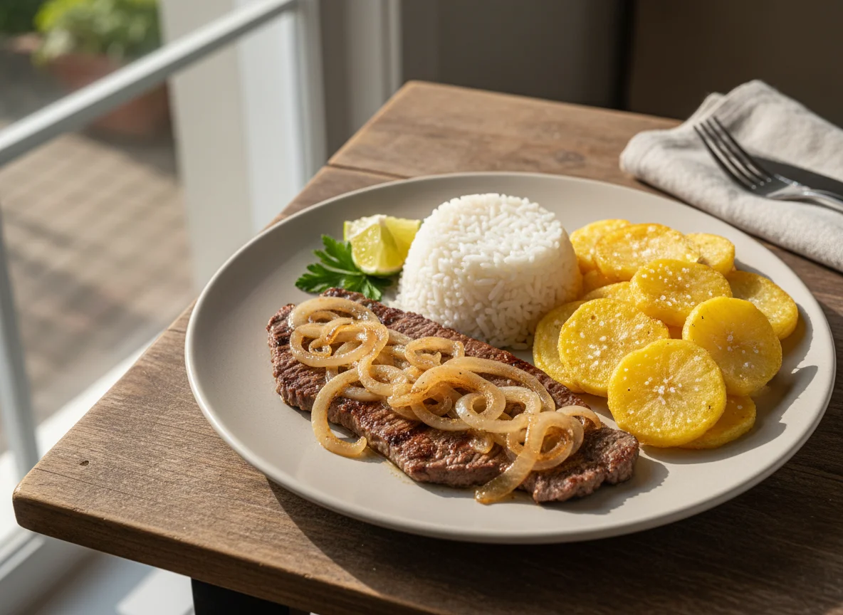 Bife acebolado com arroz e batata frita photo