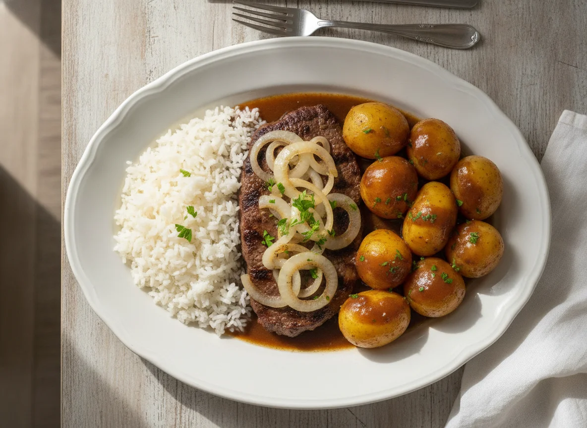 Bife acebolado com arroz e batatas photo
