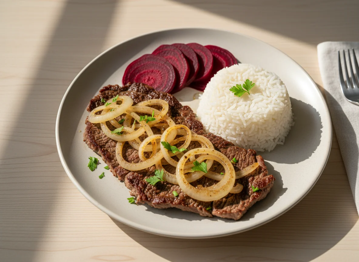 Bife acebolado com arroz e beterraba photo