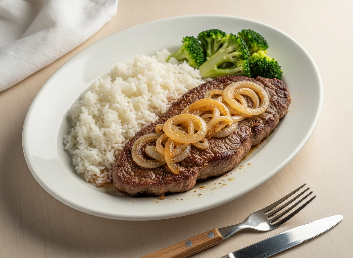 Bife Acebolado com Arroz e Brócolis photo