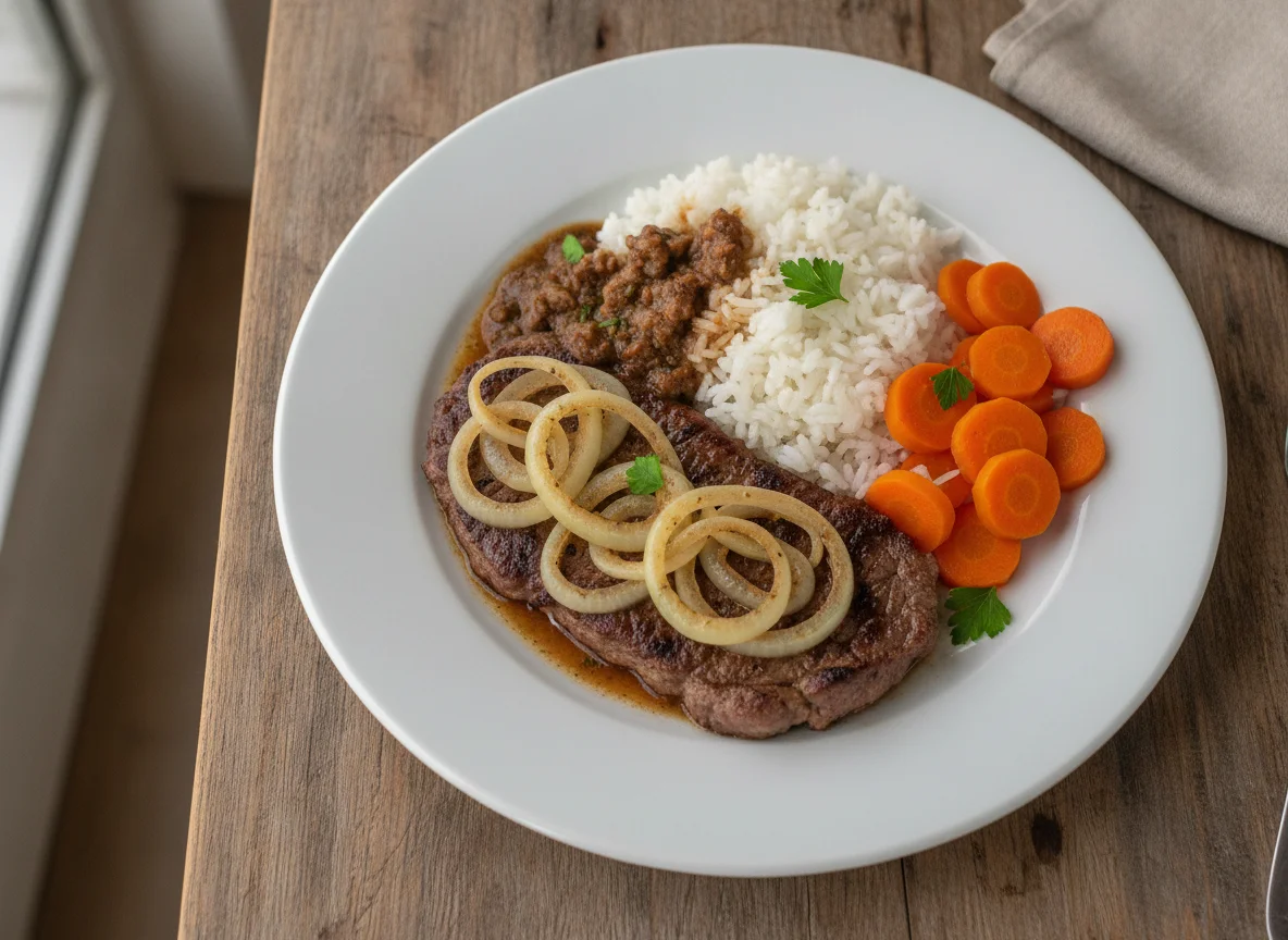 Bife acebolado com arroz e cenoura photo