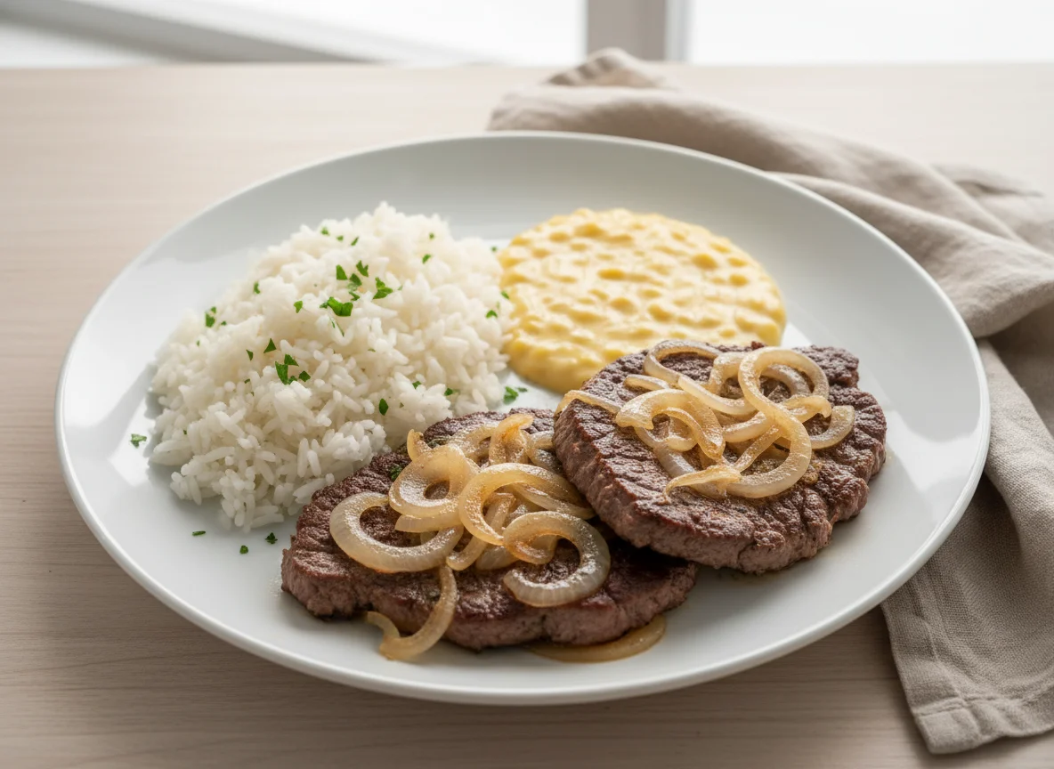 Bife acebolado com arroz e creme de milho photo