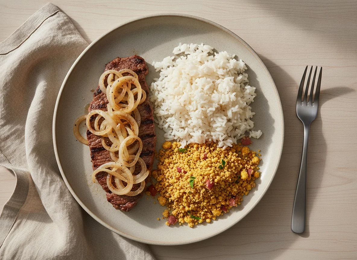 Bife acebolado com arroz e farofa photo