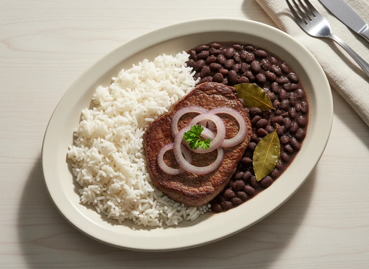Bife acebolado com arroz e feijão photo