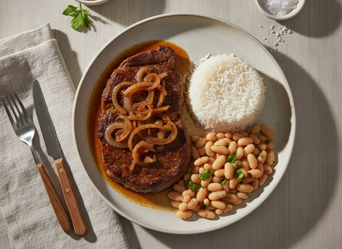 Bife acebolado com arroz e feijão branco photo