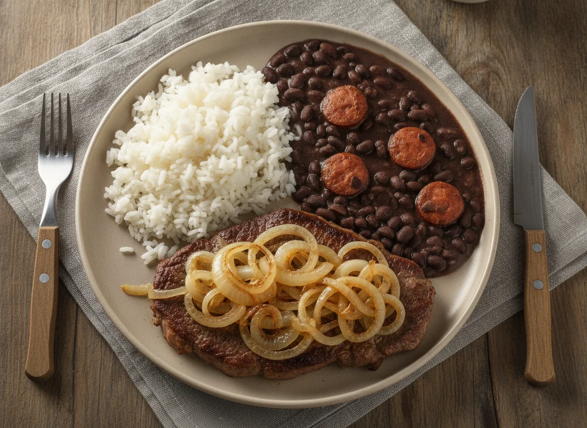 Bife acebolado com arroz e feijão preto photo