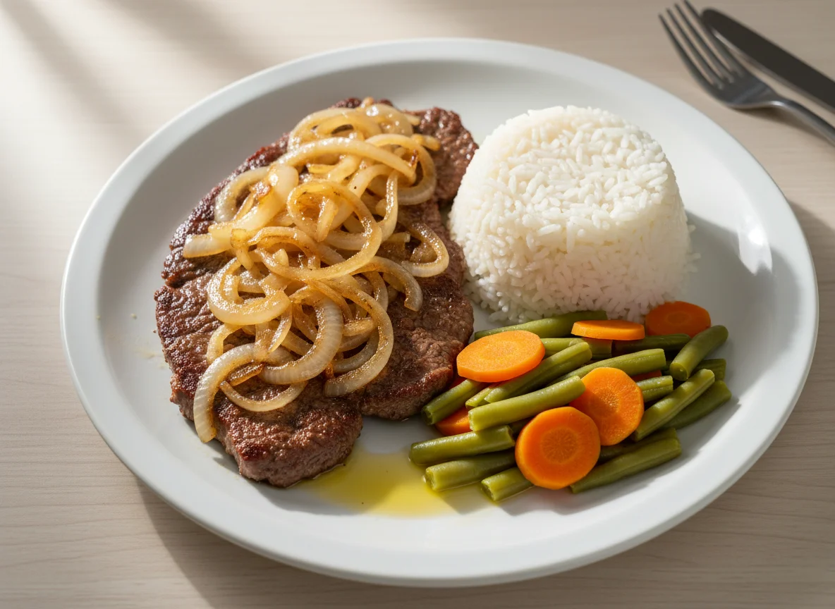 Bife acebolado com arroz e legumes photo