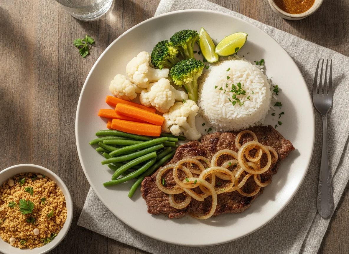 Bife acebolado com arroz e legumes no vapor photo