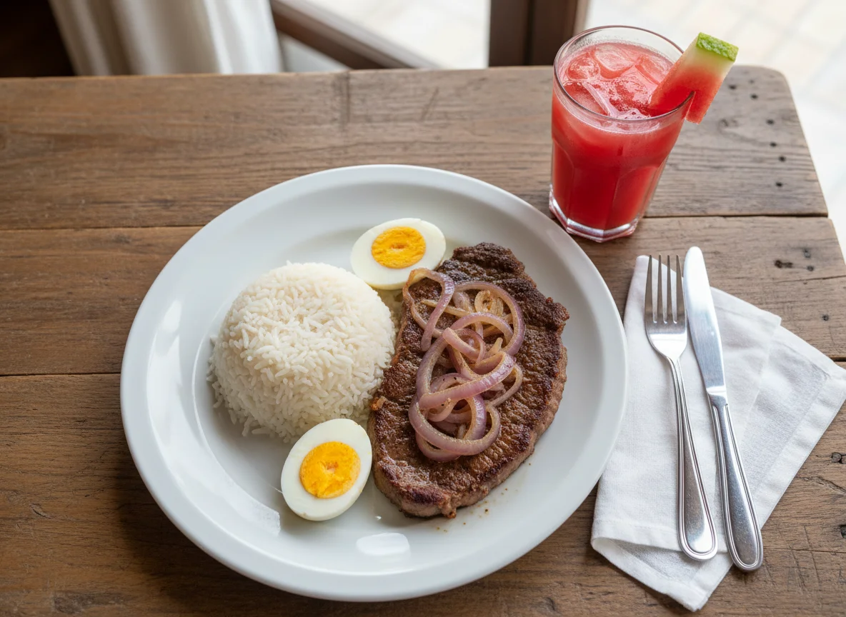 Bife acebolado com arroz e ovos cozidos photo