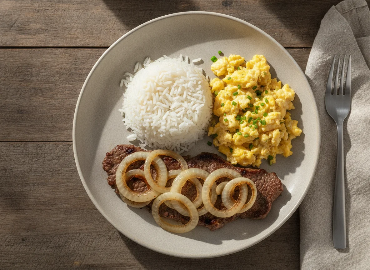 Bife acebolado com arroz e ovos mexidos photo