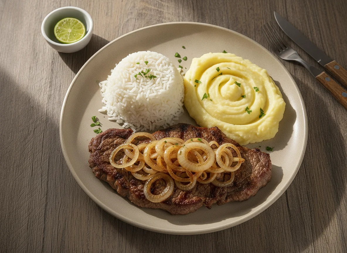 Bife acebolado com arroz e purê de batata photo
