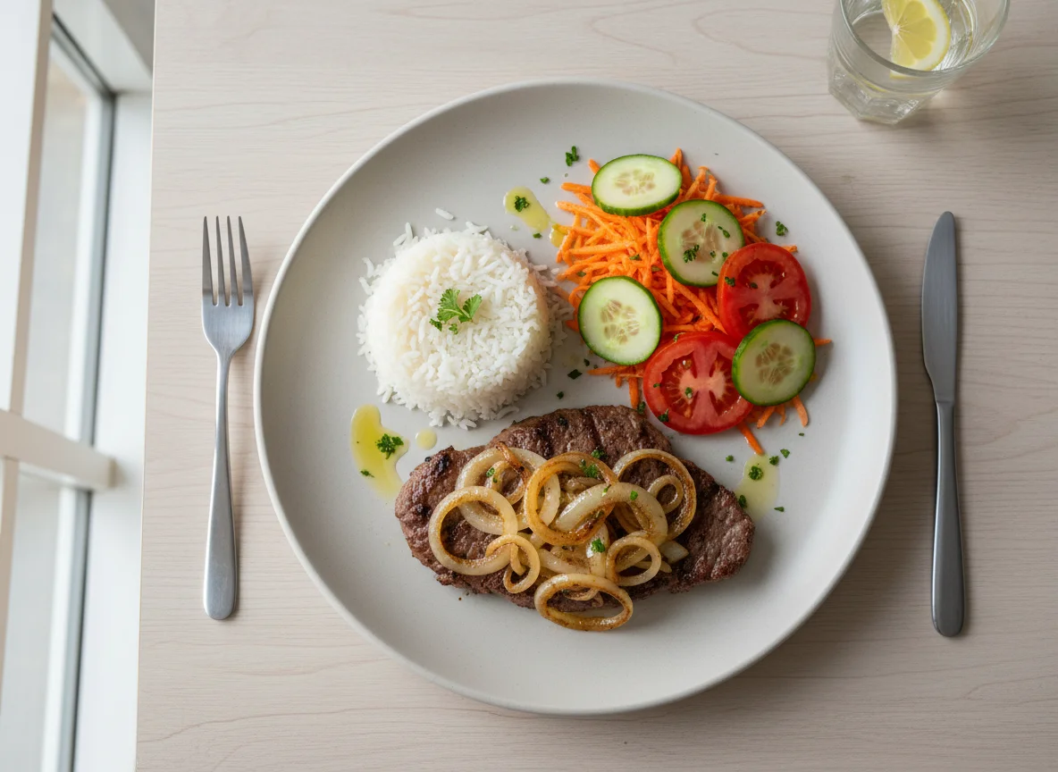 Bife acebolado com arroz e salada photo