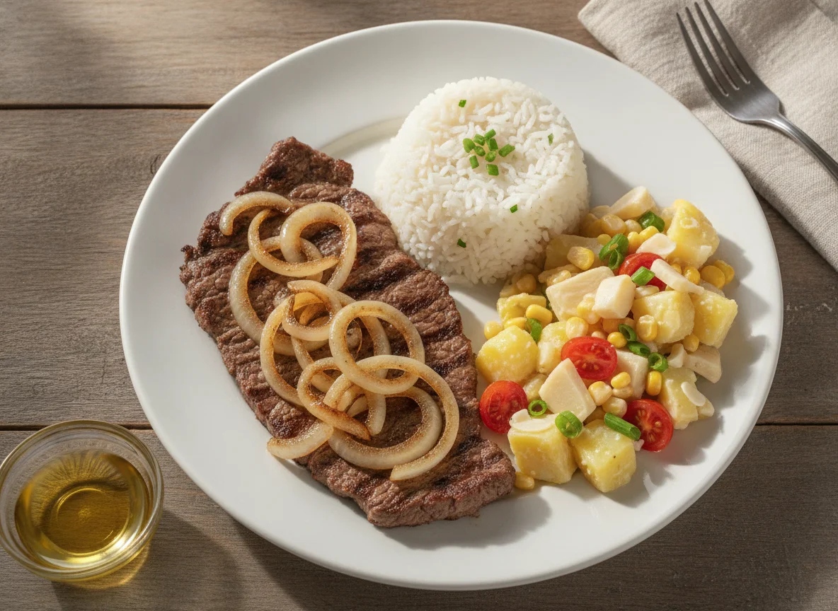 Bife acebolado com arroz e salada de batata photo