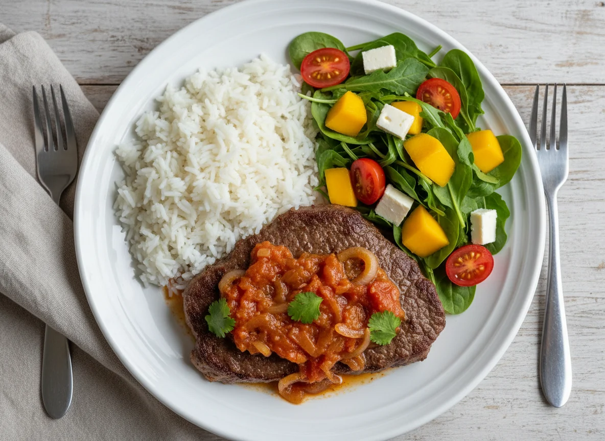 Bife acebolado com arroz e salada de manga photo