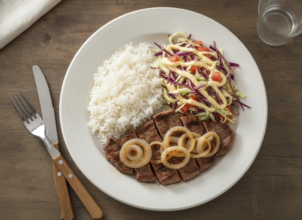 Bife acebolado com arroz e salada de repolho photo