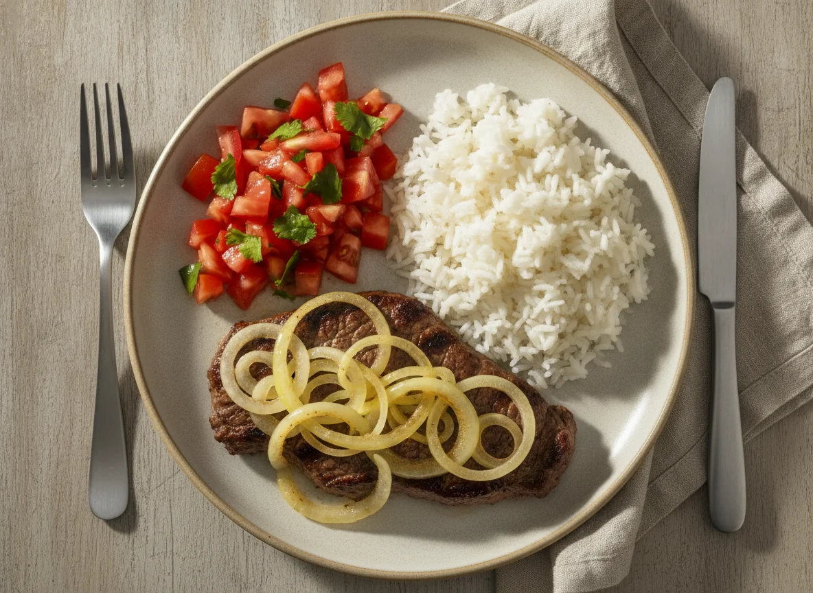 Bife acebolado com arroz e salada de tomate photo