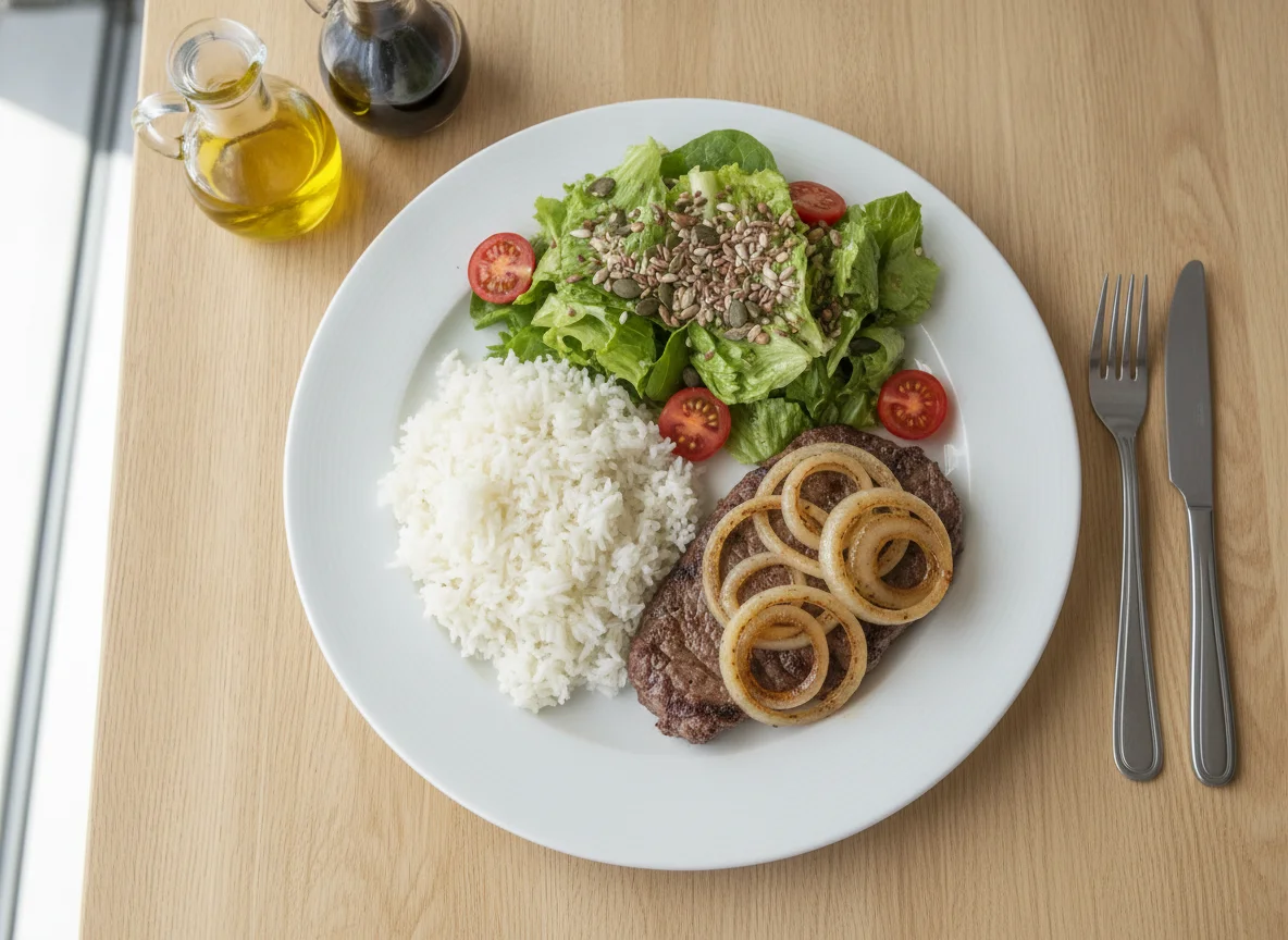 Bife acebolado com arroz e salada mista photo