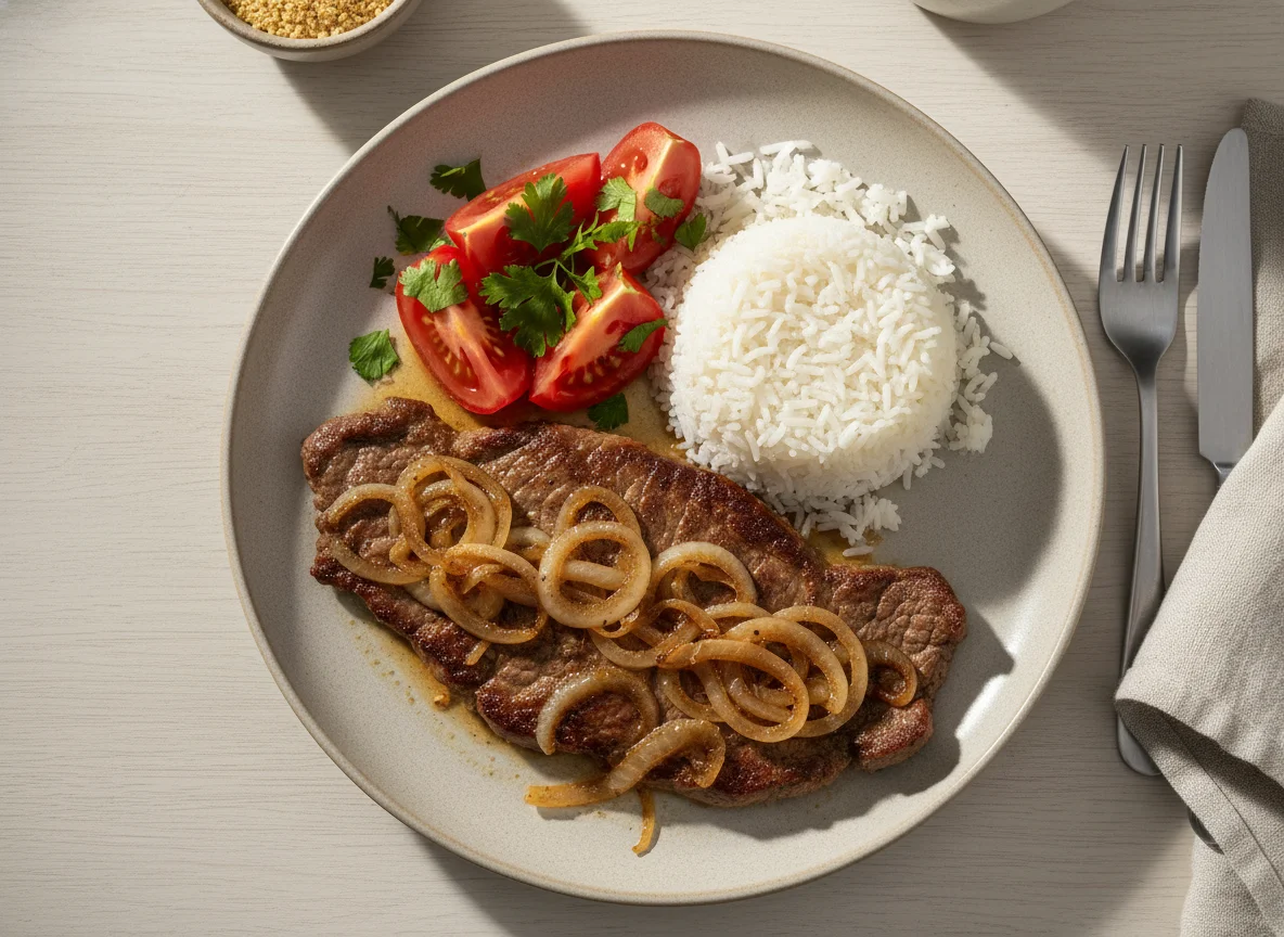 Bife acebolado com arroz e tomate photo