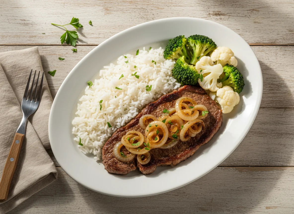 Bife acebolado com arroz e vegetais photo