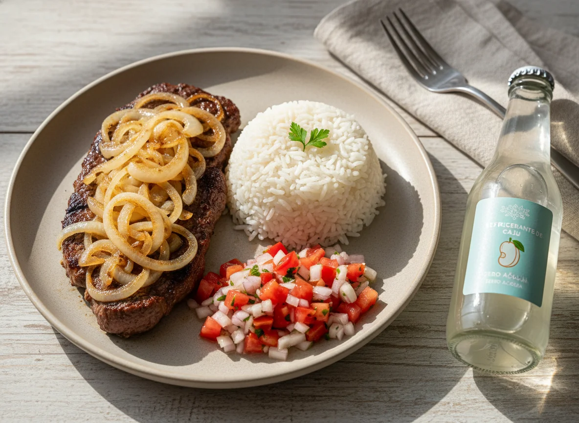 Bife acebolado com arroz e vinagrete photo