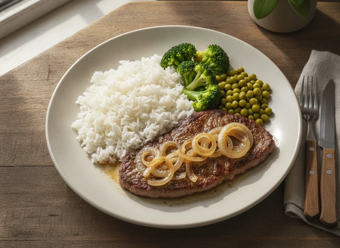 Bife acebolado com arroz, ervilhas e brócolis photo