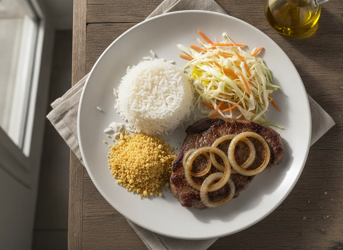 Bife acebolado com arroz, farofa e salada de repolho com cenoura photo