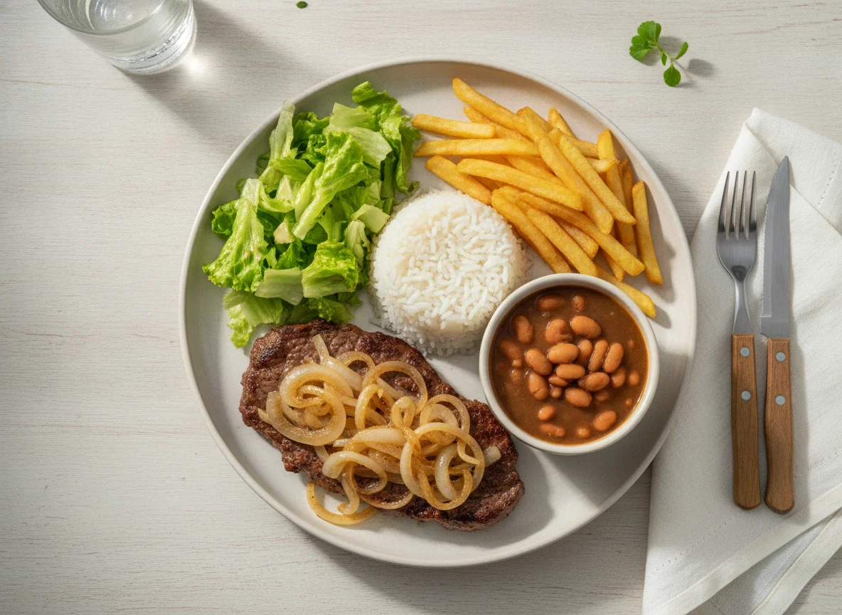 Bife acebolado com arroz, feijão, batata frita e salada photo