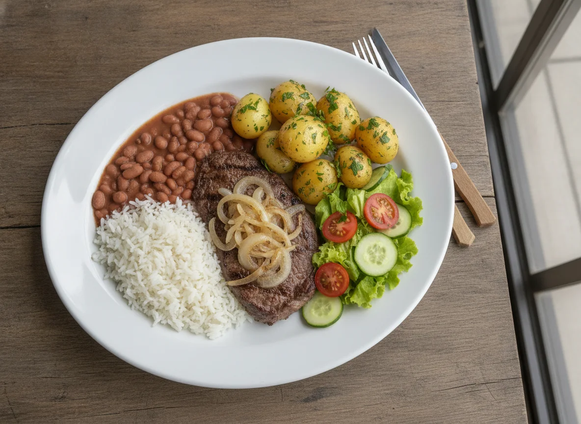 Bife acebolado com arroz, feijão, batatas e salada photo